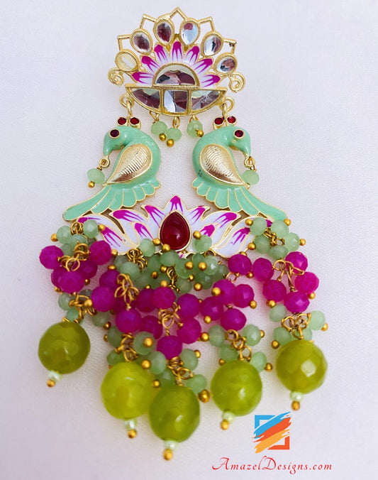 Mint Hot Pink Meenakari Bird Earrings