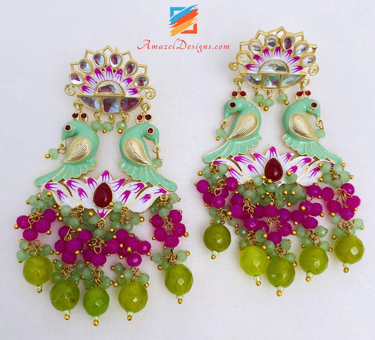 Mint Hot Pink Meenakari Bird Earrings