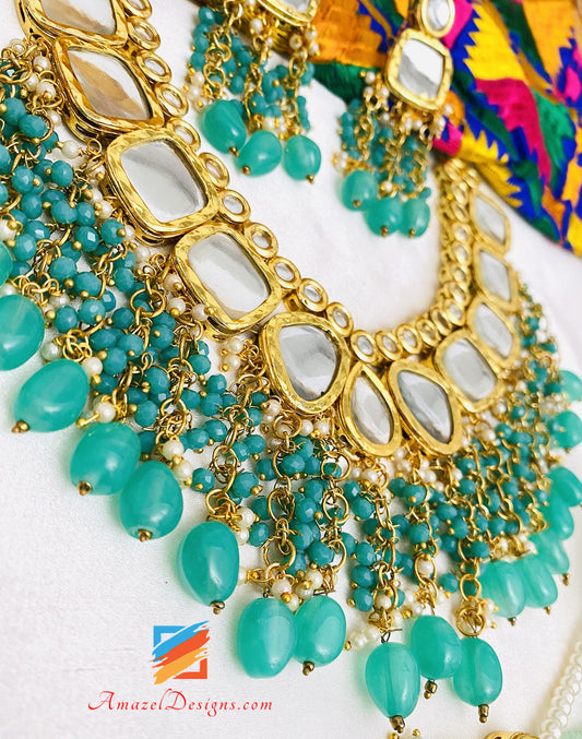 Mint Kundan Earrings Tikka Set