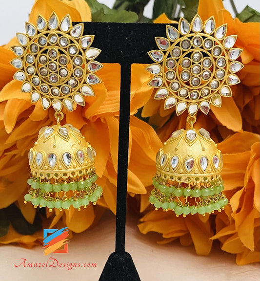 Mint Kundan Jhumka Orecchini Set Tikka