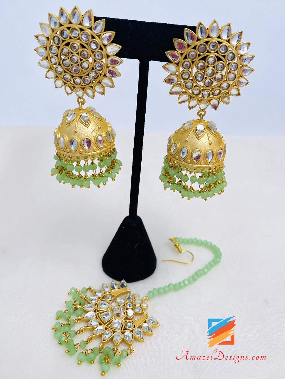 Mint Kundan Jhumka Earrings Tikka Set
