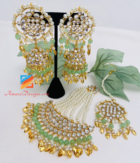 Mint Kundan Lightweight Jhumka Pipal Patti Earrings Tikka Jhumar Set