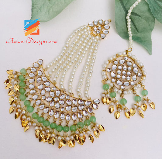 Mint Kundan Leggero Jhumka Pipal Patti Orecchini Tikka Jhumar Set 