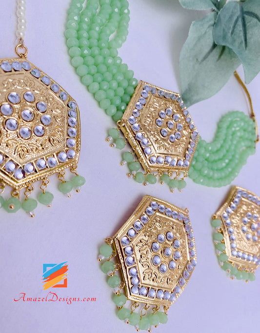 Mint Leggero Kundan Girocollo Collana Orecchini Orecchini Tikka Set 