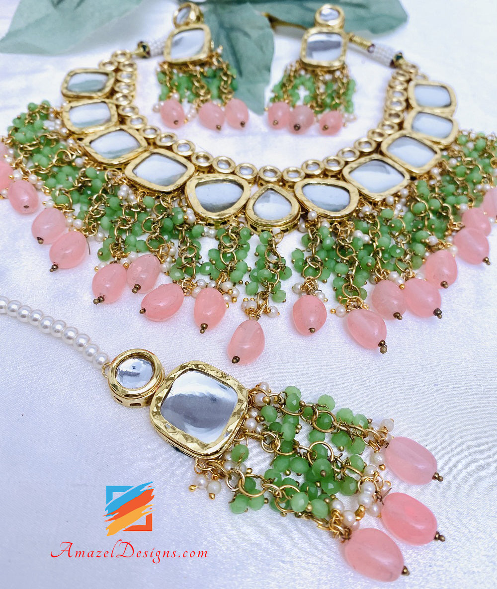 Mint Peachy Pink Big Kundan Necklace Earrings Tikka Set