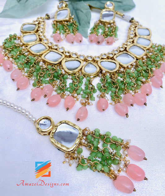 Mint Peachy Pink Big Kundan Collana Orecchini Set Tikka 