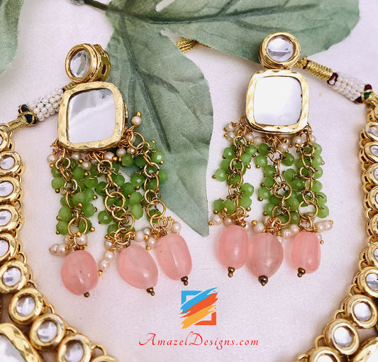 Mint Peachy Pink Big Kundan Collana Orecchini Set Tikka 