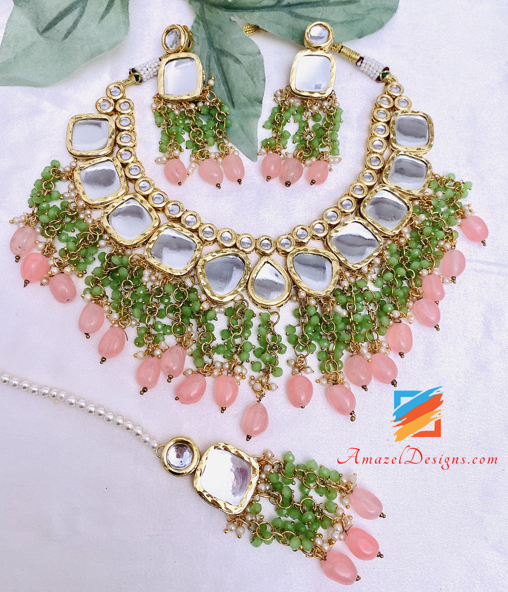 Mint Peachy Pink Big Kundan Necklace Earrings Tikka Set