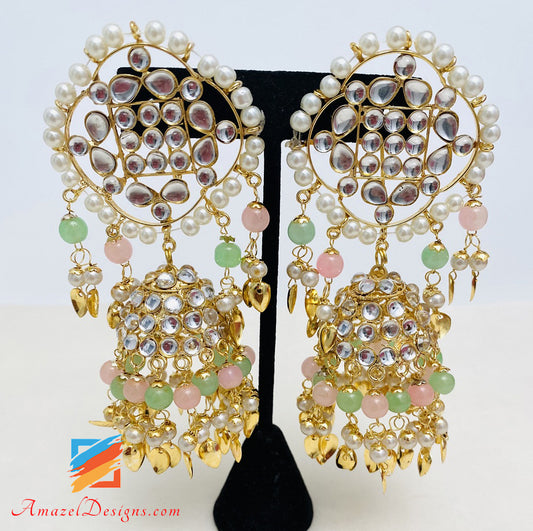 Mint Pink Kundan Lightweight Jhumka Earrings Tikka Passa Set