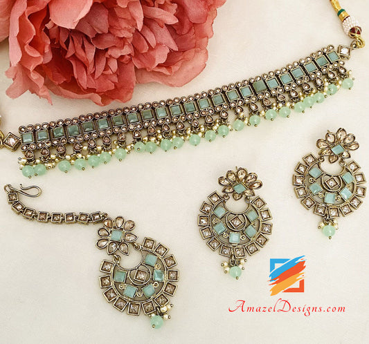 Mint Polki Choker Halskette Ohrringe Tikka Set