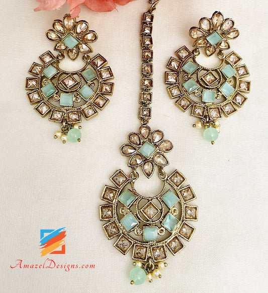 Mint Polki Choker Halskette Ohrringe Tikka Set