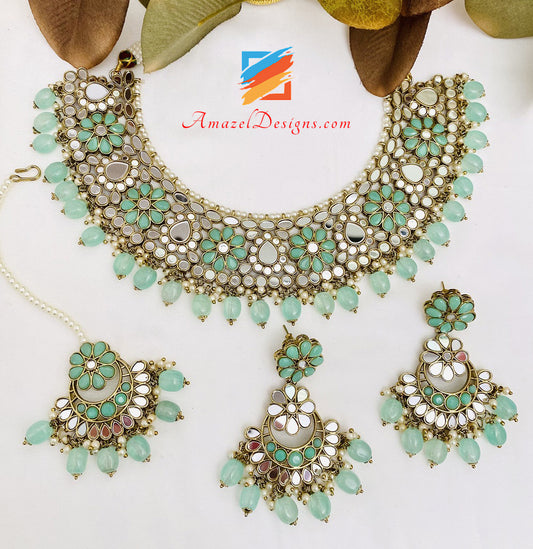 Mint Sheesha Necklace Earrings Tikka Set