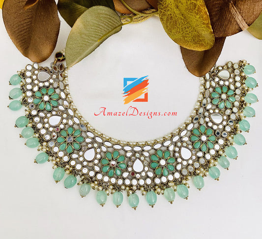 Mint Sheesha Necklace Earrings Tikka Set