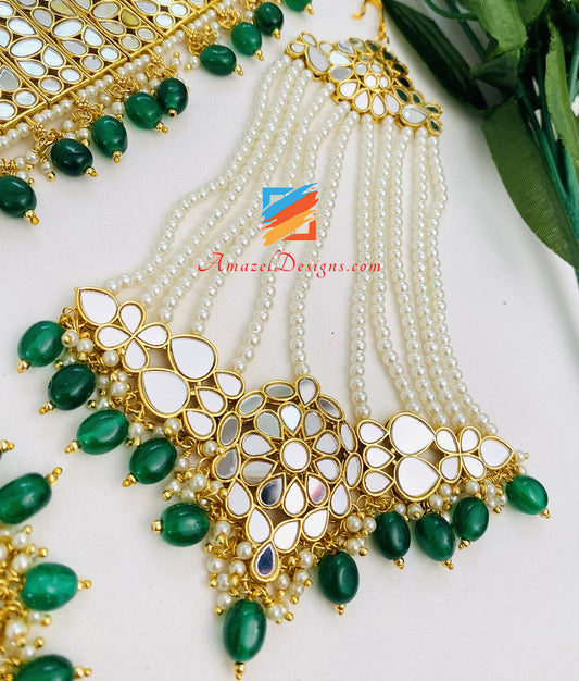 Mirror Emerald Green Lightweight Choker Earrings Tikka Passa Set