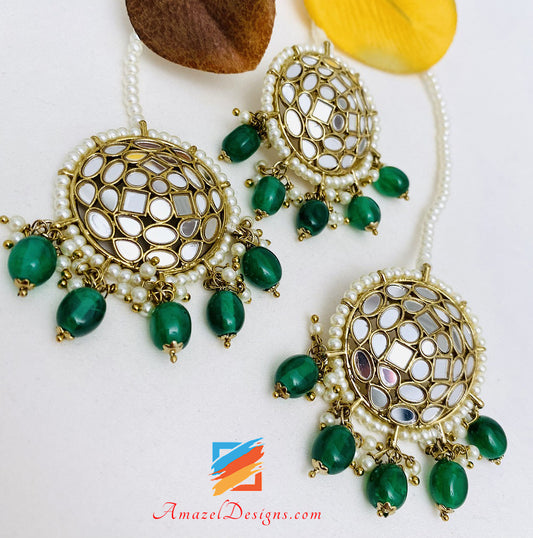 Mirror Emerald Green Lightweight Studs Earrings Tikka Set