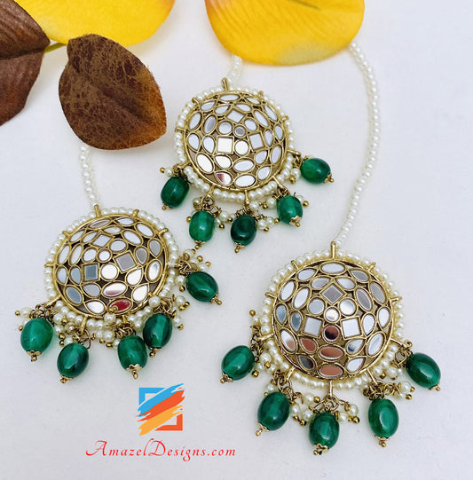 Mirror Emerald Green Lightweight Studs Earrings Tikka Set