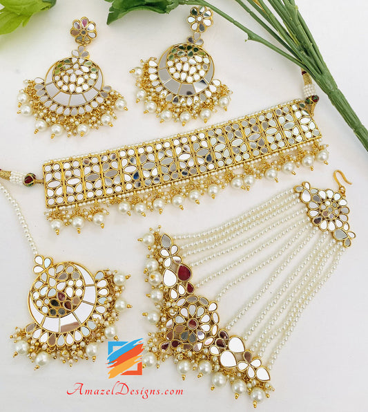 Mirror Golden Lightweight Choker Earrings Tikka Passa Set