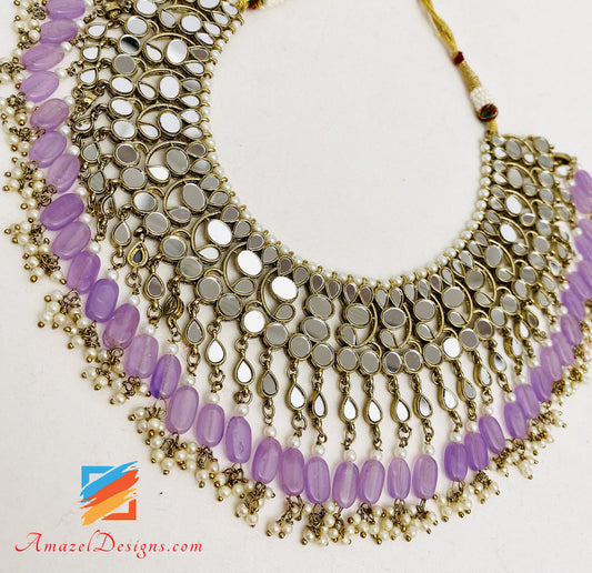 Mirror Lightweight Flexible Purple Lavender Necklace Oversized Earrings Tikka Set