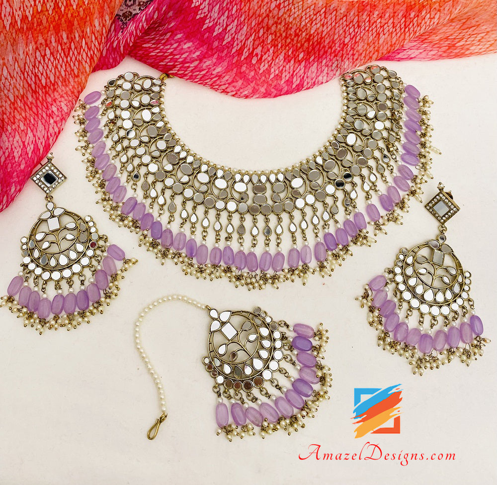 Mirror Lightweight Flexible Purple Lavender Necklace Oversized Earrings Tikka Set