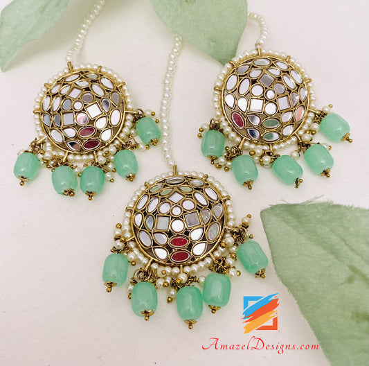 Mirror Mint Lightweight Studs Earrings Tikka Set