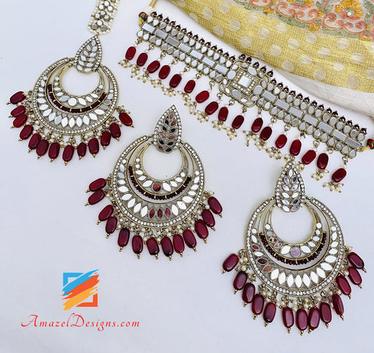Mirror Ruby Maroon Chocker Necklace Earrings Tikka Set