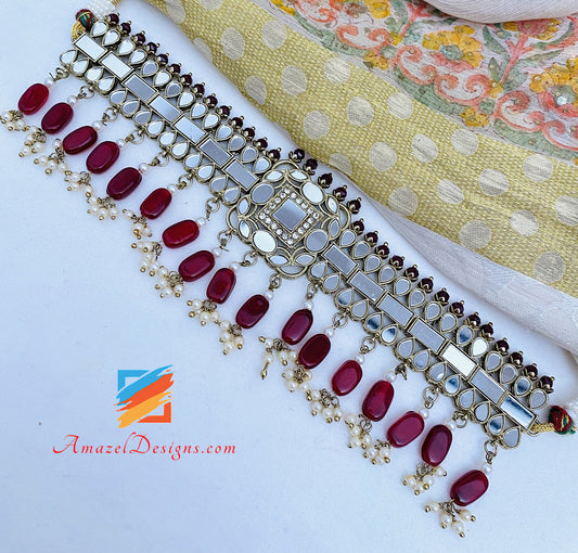 Spiegel Rubin Maroon Chocker Halskette Ohrringe Tikka Set 