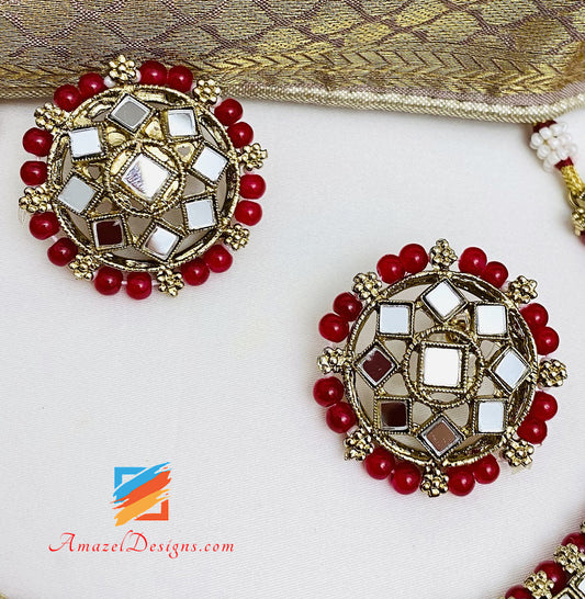 Mirror Single Line Maroon Choker Necklace Studs Earrings Tikka Set