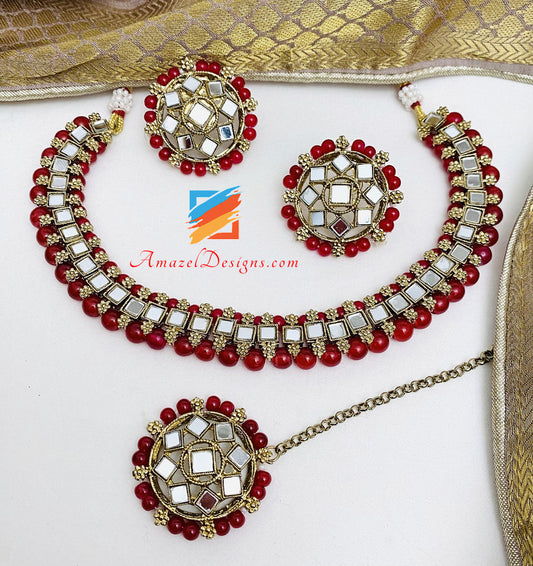 Mirror Single Line Maroon Choker Necklace Studs Earrings Tikka Set