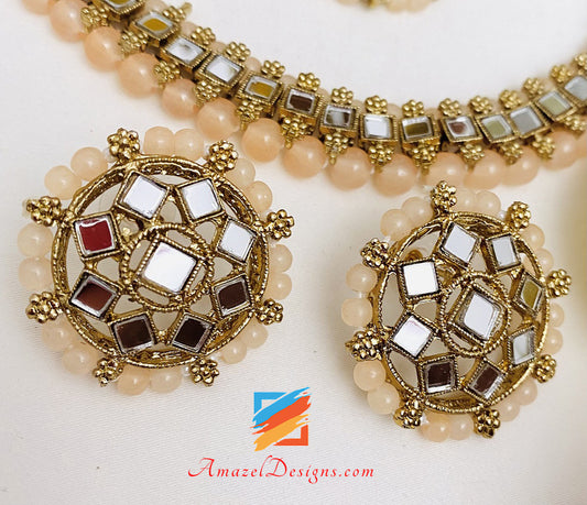 Mirror Single Line Peach Choker Necklace Studs Tikka Set