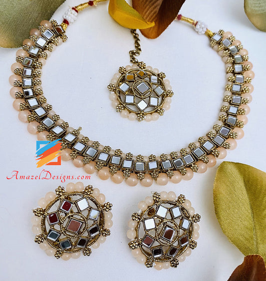 Mirror Single Line Peach Choker Necklace Studs Tikka Set