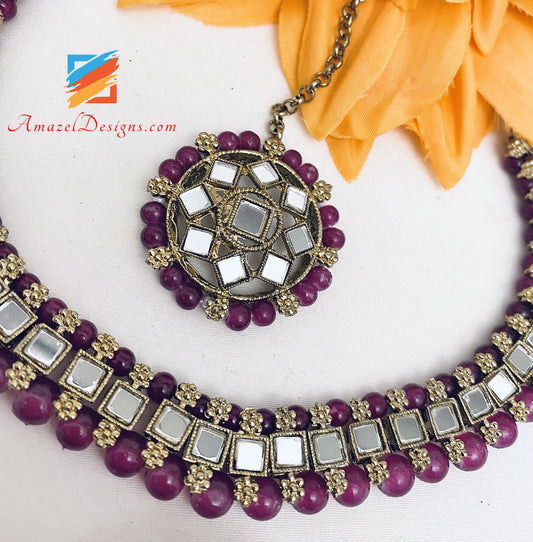 Mirror Single Line Purple Choker Necklace Studs Tikka Set