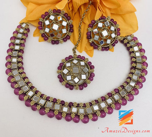 Mirror Single Line Purple Choker Necklace Studs Tikka Set
