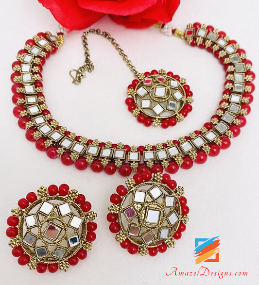 Mirror Single Line Red Choker Necklace Studs Earrings Tikka Set