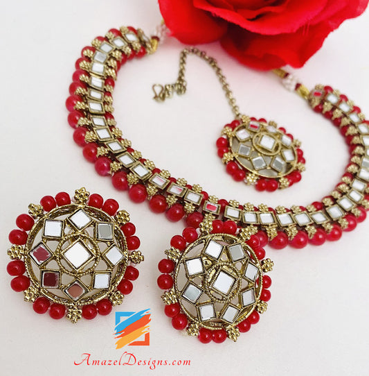 Mirror Single Line Red Choker Necklace Studs Earrings Tikka Set