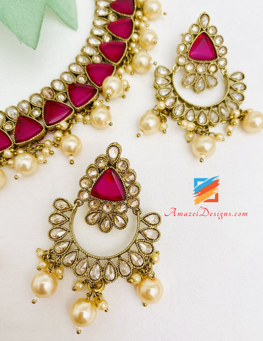 Monalisa Polki Hot Pink Magenta Necklace Earrings Tikka Set