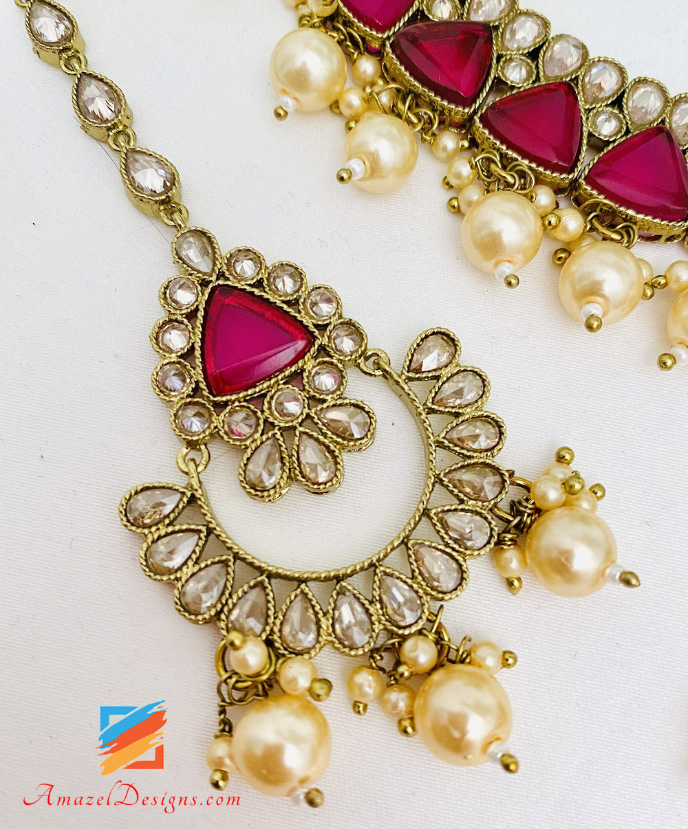 Monalisa Polki Hot Pink Magenta Necklace Earrings Tikka Set