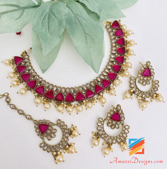 Monalisa Polki Hot Pink Magenta Necklace Earrings Tikka Set