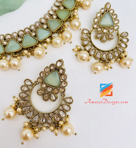Monalisa Polki Mint Necklace Earrings Tikka Set