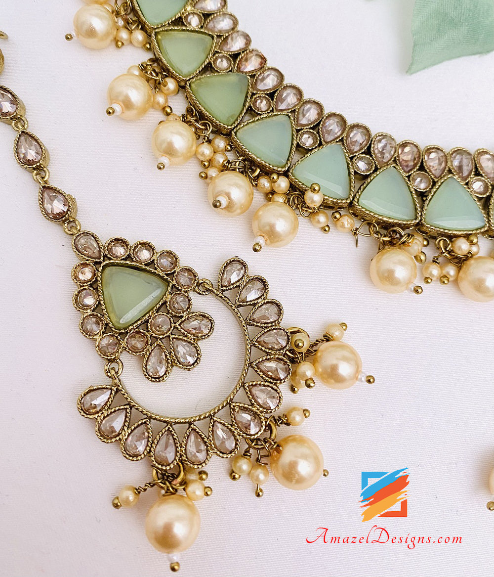 Monalisa Polki Mint Necklace Earrings Tikka Set