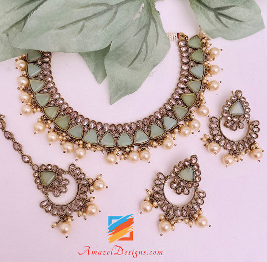 Monalisa Polki Mint Necklace Earrings Tikka Set