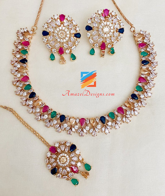Multicolored American Diamond Necklace Stud Tikka Set