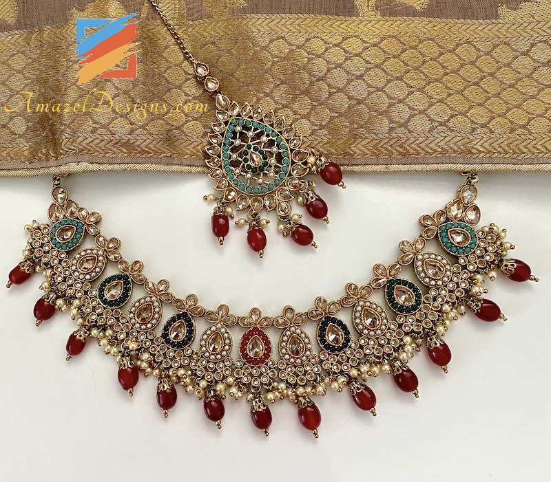 Multicolored Necklace Set with Earrings Tikka