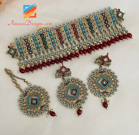 Multicolored Chocker Earrings Tikka Set