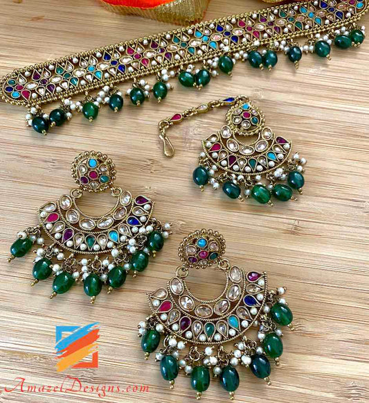 Multicolored Emerald Pearls Choker with Earrings Tikka Set