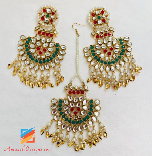 Multicolored Kundan Oversized Earrings Tikka Set