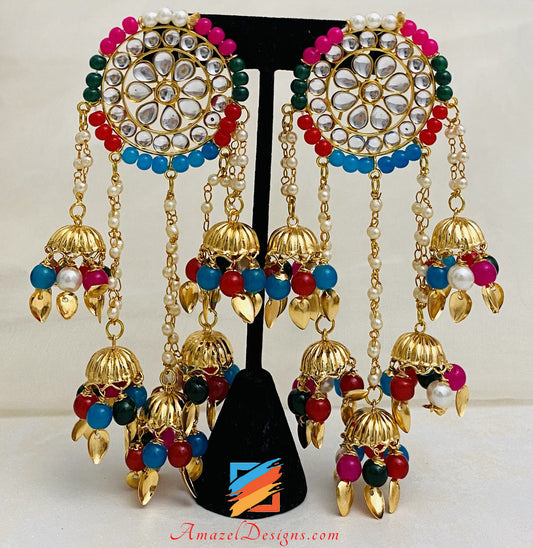 Multicolored Kundan Pippal Patti Lightweight Earrings Oversized Tikka