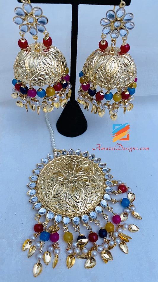 Jadau Gold White,navrattan,maroon Earrings Tikka /indian Big Earrings Tikka  Set/ Punjabi Indian Jewellery/bollywood Pakistani Set - Etsy Sweden