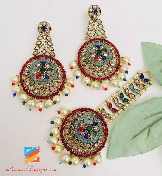 Multicolored Polki Earrings Tikka Set