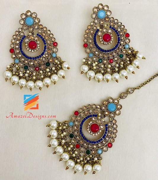 Set Tikka con collana e orecchini a linea singola Polki multicolore 