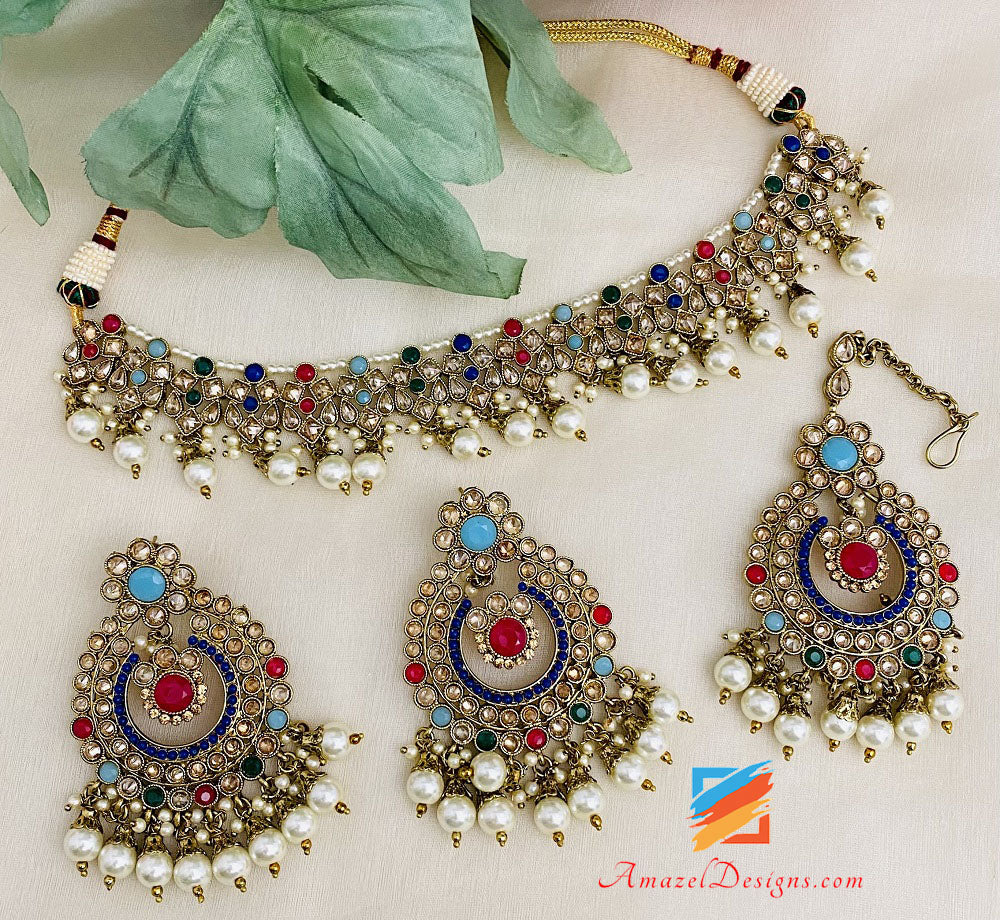 Multicolored Polki Single Line Necklace and Earrings Tikka Set